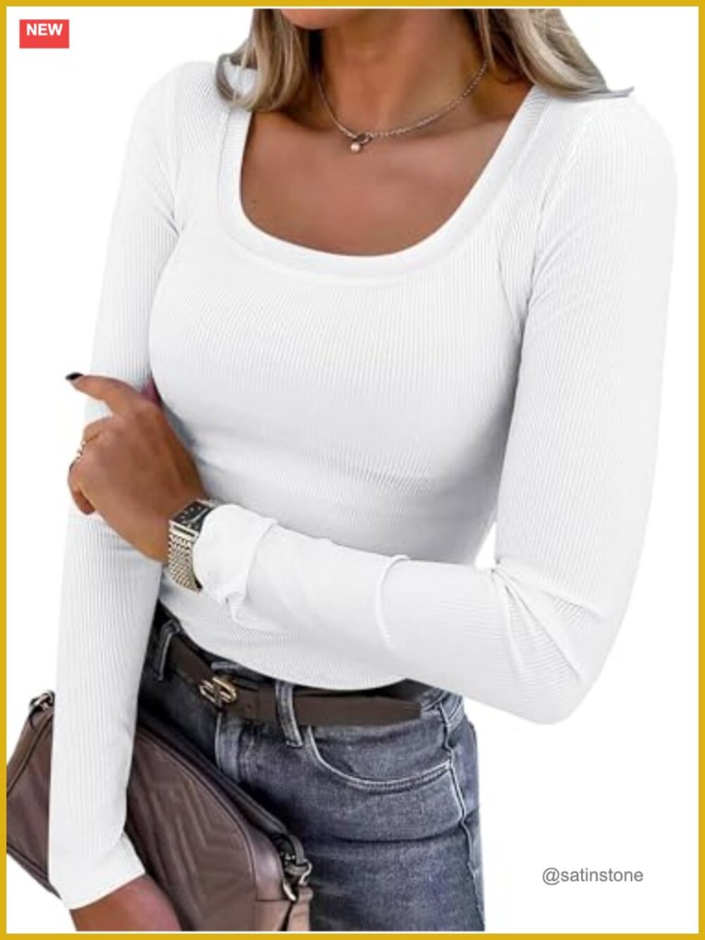 Women's Long Sleeve Ribbed Tee Scoop Neck Top